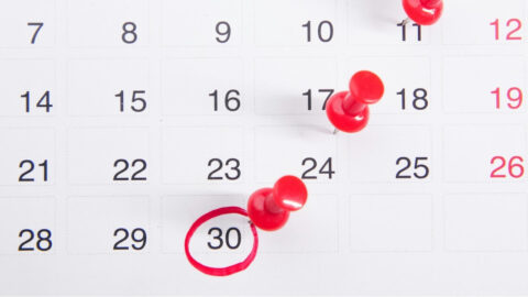 A 30 day calendar with red pins and the 30th date circled in red