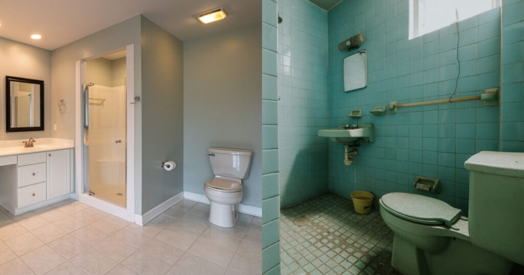 A side by side comparison of a new bathroom versus an old, poorly maintained bathroom