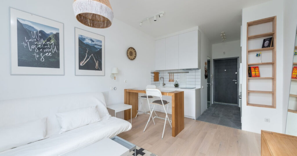 Bright and cozy modern apartment with minimalist decor and efficient use of space