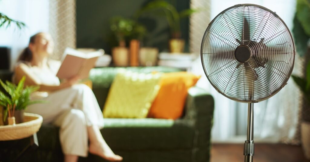 A metal pedestal fan with a woman reading on a green couch in the background